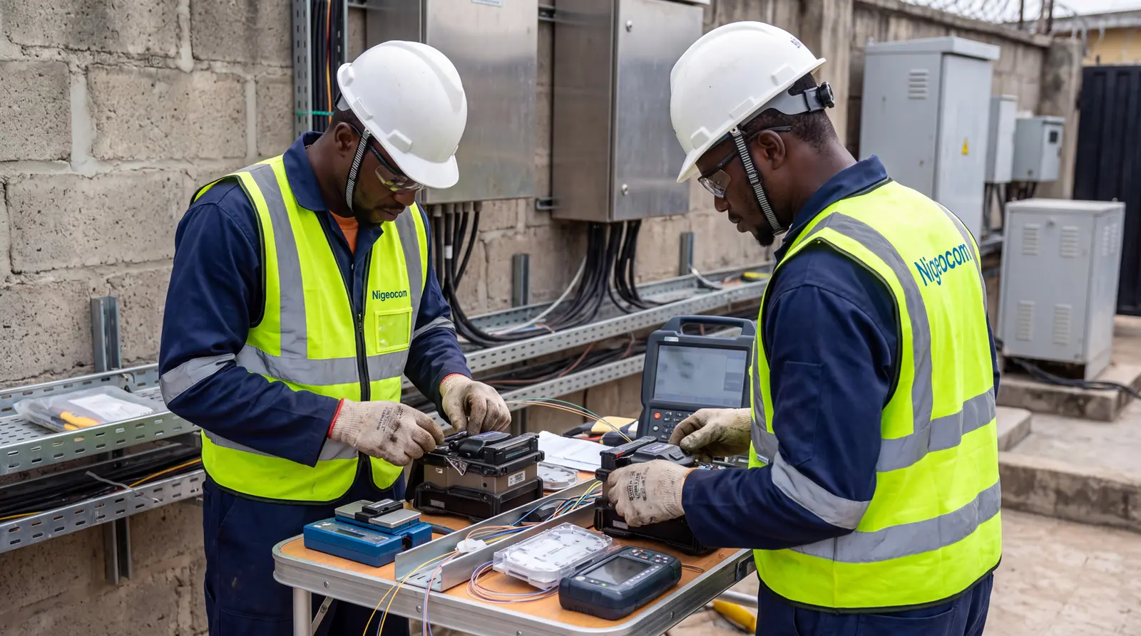 Engineers working on telecommunications equipment