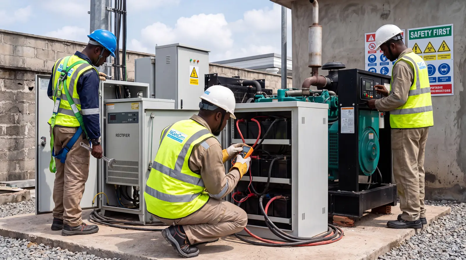 Nigeocom team servicing power and telecom equipment