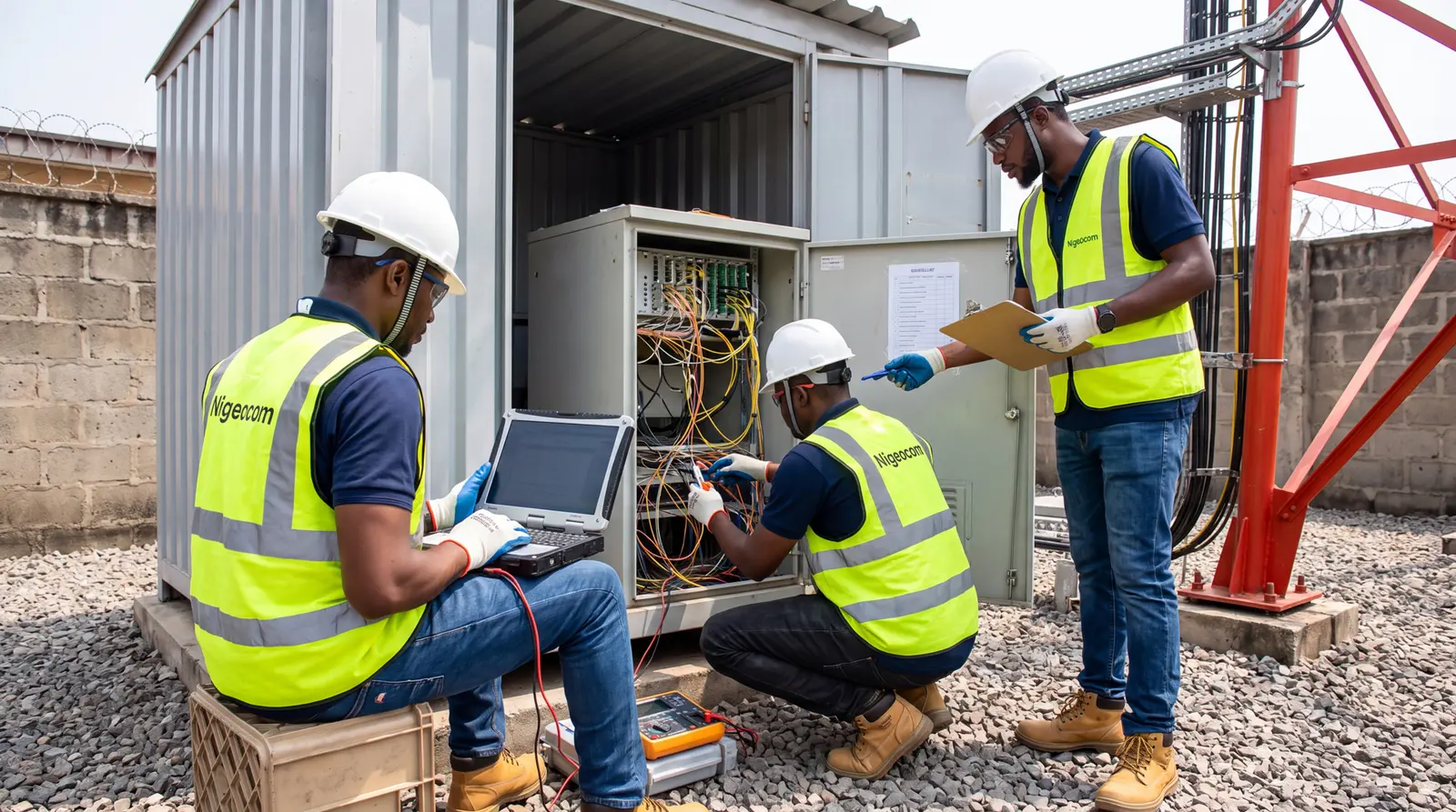 Engineering team inspecting rooftop telecommunications infrastructure