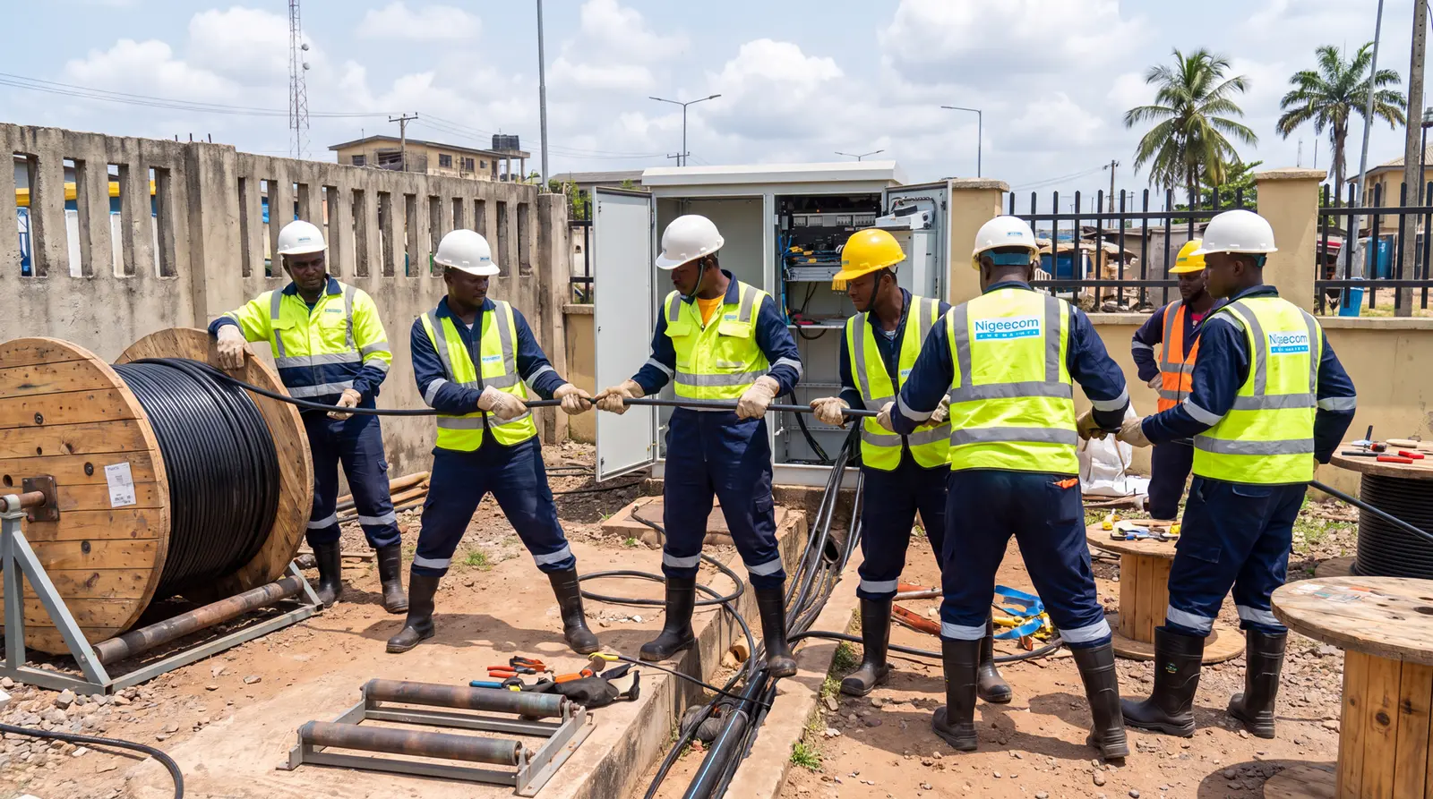 Technicians configuring outdoor telecommunications cabinet
