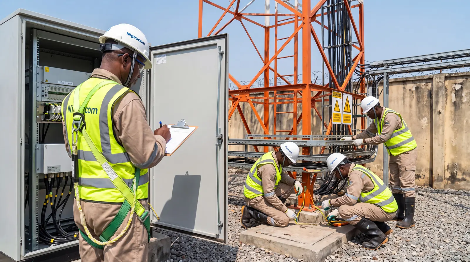 Technicians maintaining tower base equipment