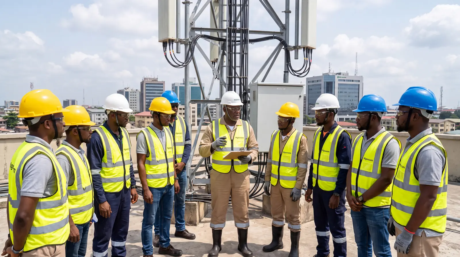 Engineers reviewing rooftop telecom installation