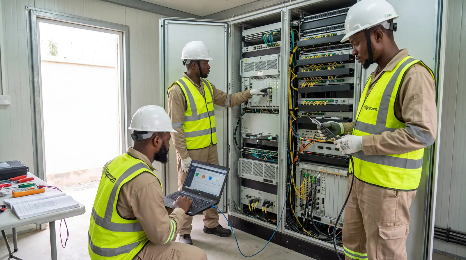 Nigeocom engineer maintaining telecom equipment